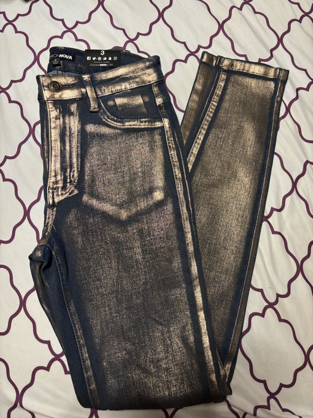 Fashion Nova Metallic Bronze-Black Skinny Jeans